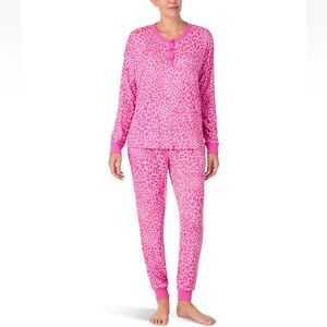Kate Spade NY Long Sleeve Sweater Knit Jogger PJ Set, Regal Pink Leopard Small